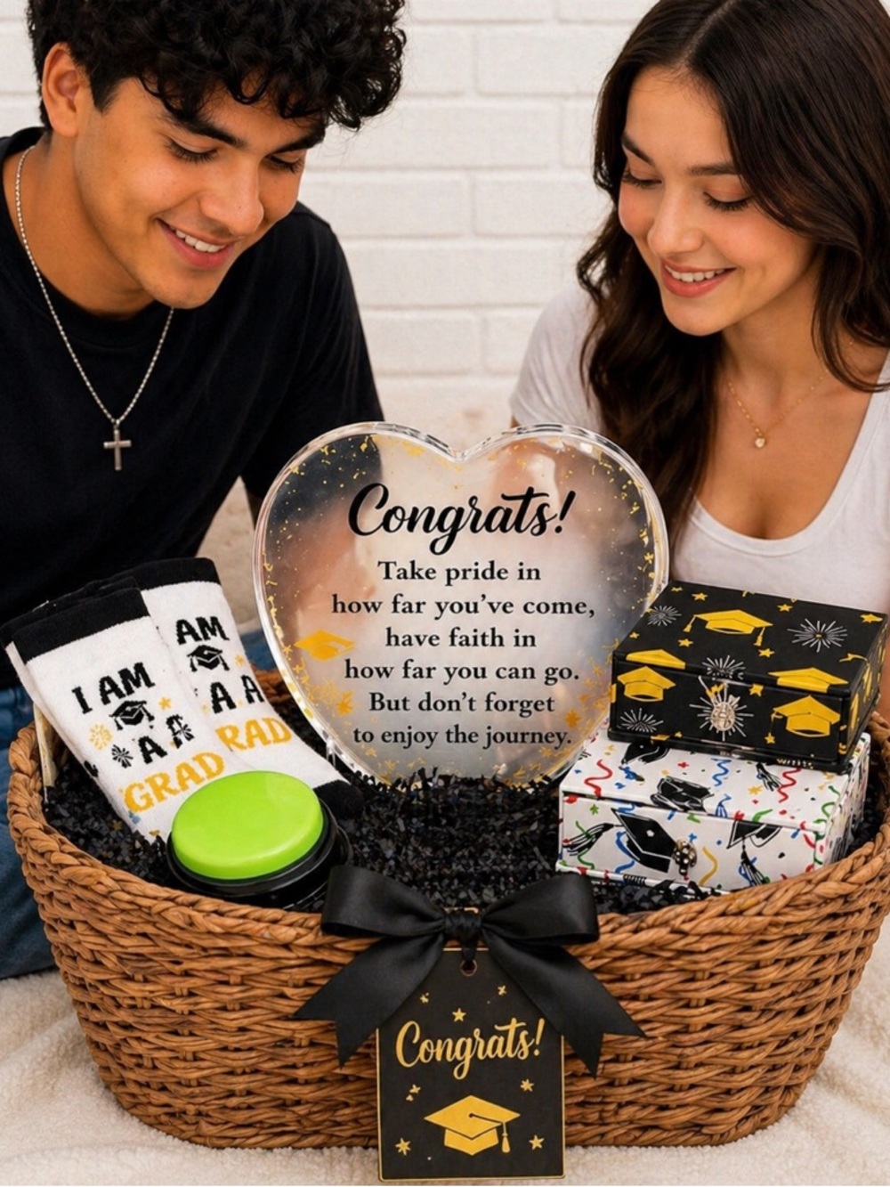Graduation Gift Bundle - Heart Plaque, Recordable Button, Socks, 2 Trinket Boxes